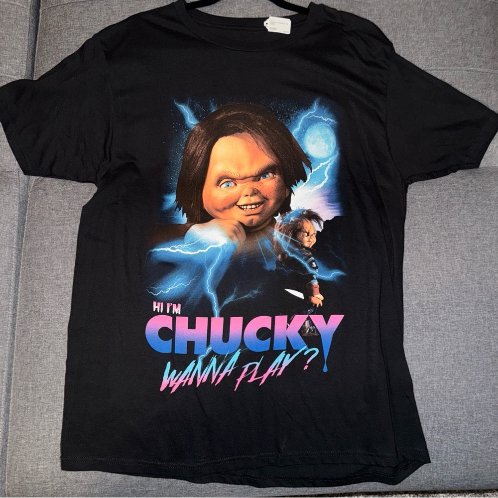 NWT Chucky Retro Neon T-Shirt Horror Halloween Size L Black